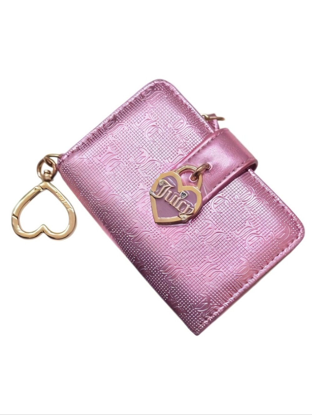 Juicy Couture Metalic Blush Pink Monogram Card Holder Wallet with Heart Keychain